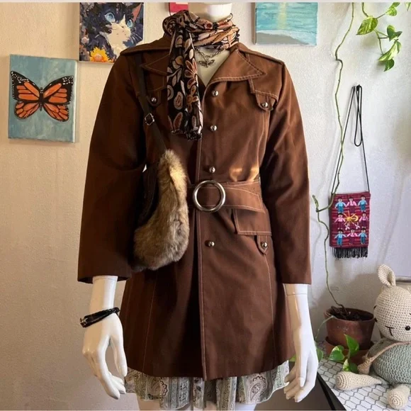 American Vintage Brown Double-Breasted Belted Trench Coat - Picture 4 of 12